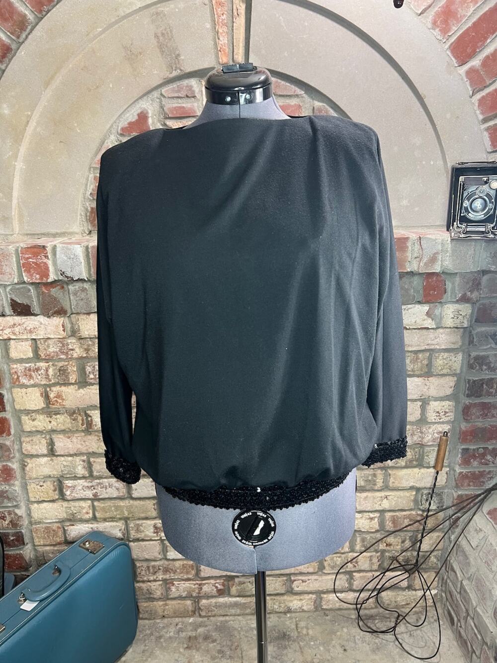 Blouse black sequin hem cuffs shoulder pads 1980s glam